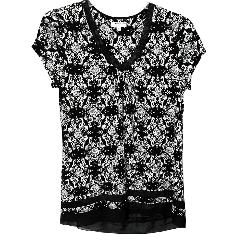 ANNE KLEIN CAP SLV, V-NECK, PULL-OVER BLOUSE, WOMENS, M-BLACK/WHITE ABSTR, TULLE